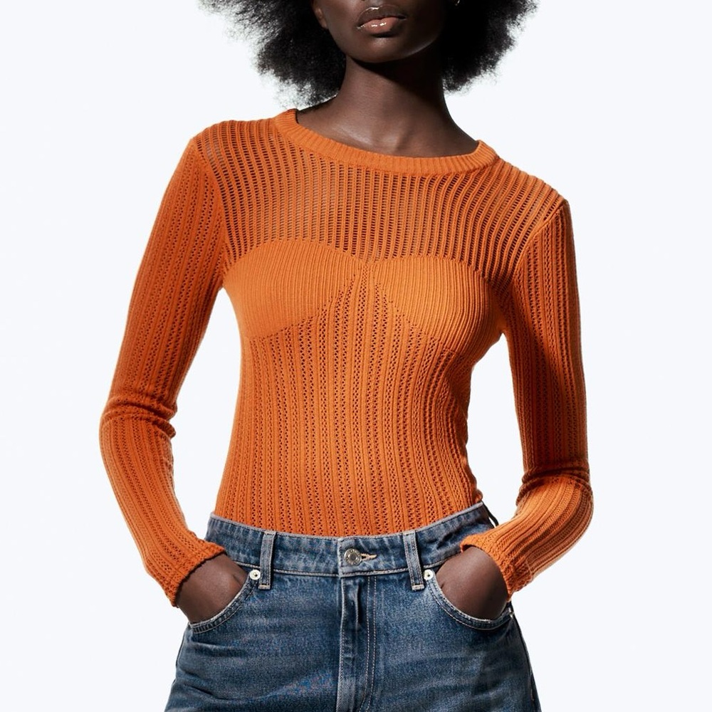 ZARA Burnt Orange Ribbed Knit Top Partially See Through Size Medium